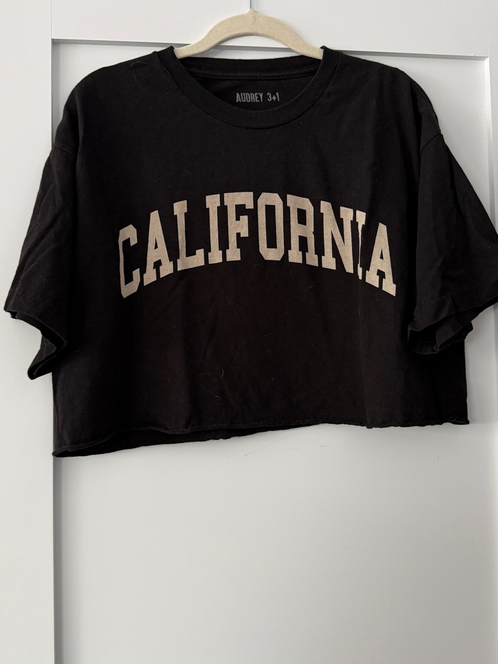 Audrey 3+1 Black Crop Tee with Beige 'California' Print